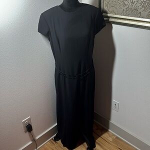 David Warren New York black crepe cap sleeves‎ beaded double belt Sz 14 dress